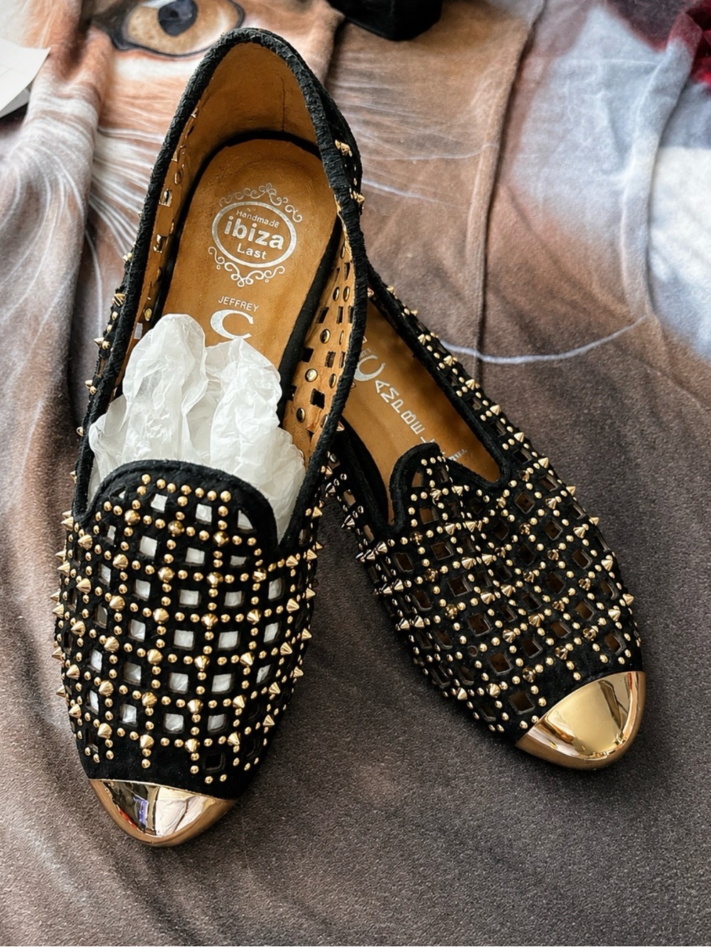 Jeffrey Campbell Black Loafers with Gold Studs and Metallic Caps